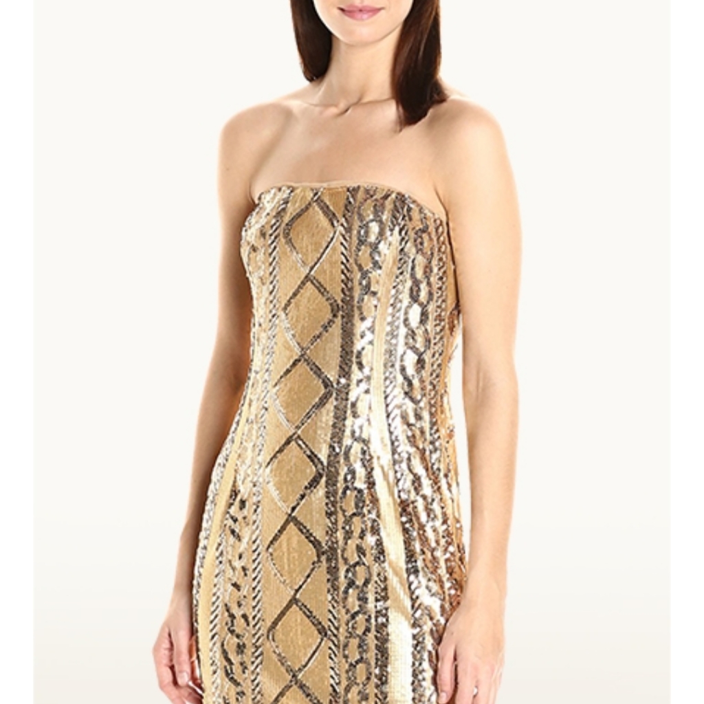 Adrianna Papelle Gold Sequin Gown Dress Strapless Floor Length Size 4 Like New